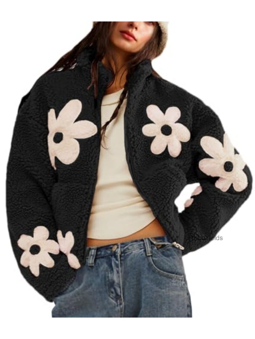Women's Floral Sherpa Fleece Cropped Jacket Fuzzy Teddy Coat